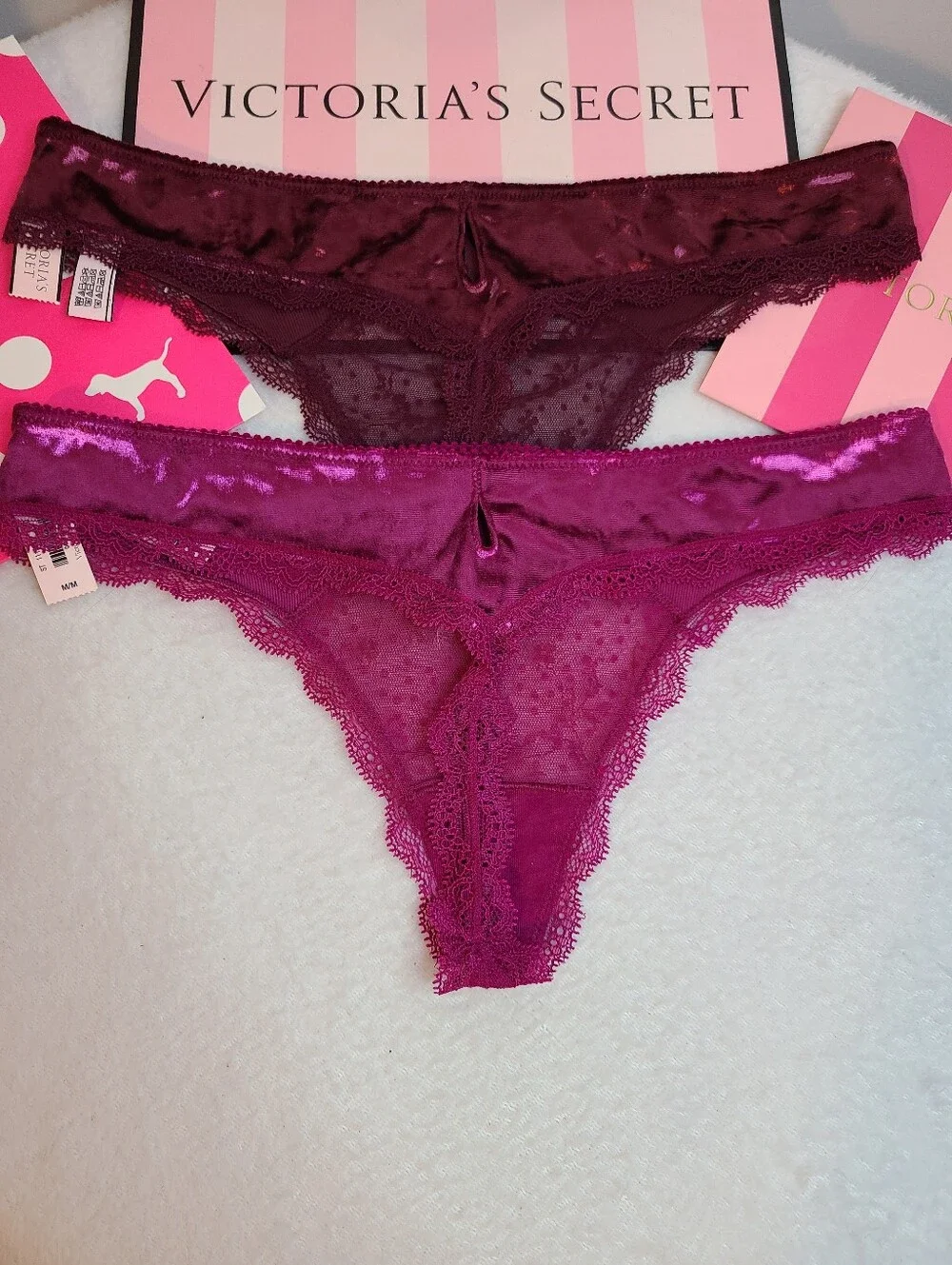 Retired VS Dream Angels 2pk Crushed Velvet & Lace Thong Panties Size M